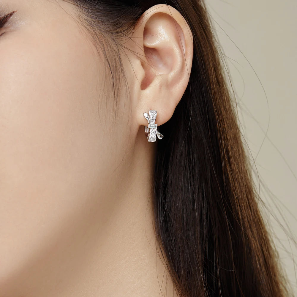 Silver Zircon Baguette Cut Bow Ear Hoops