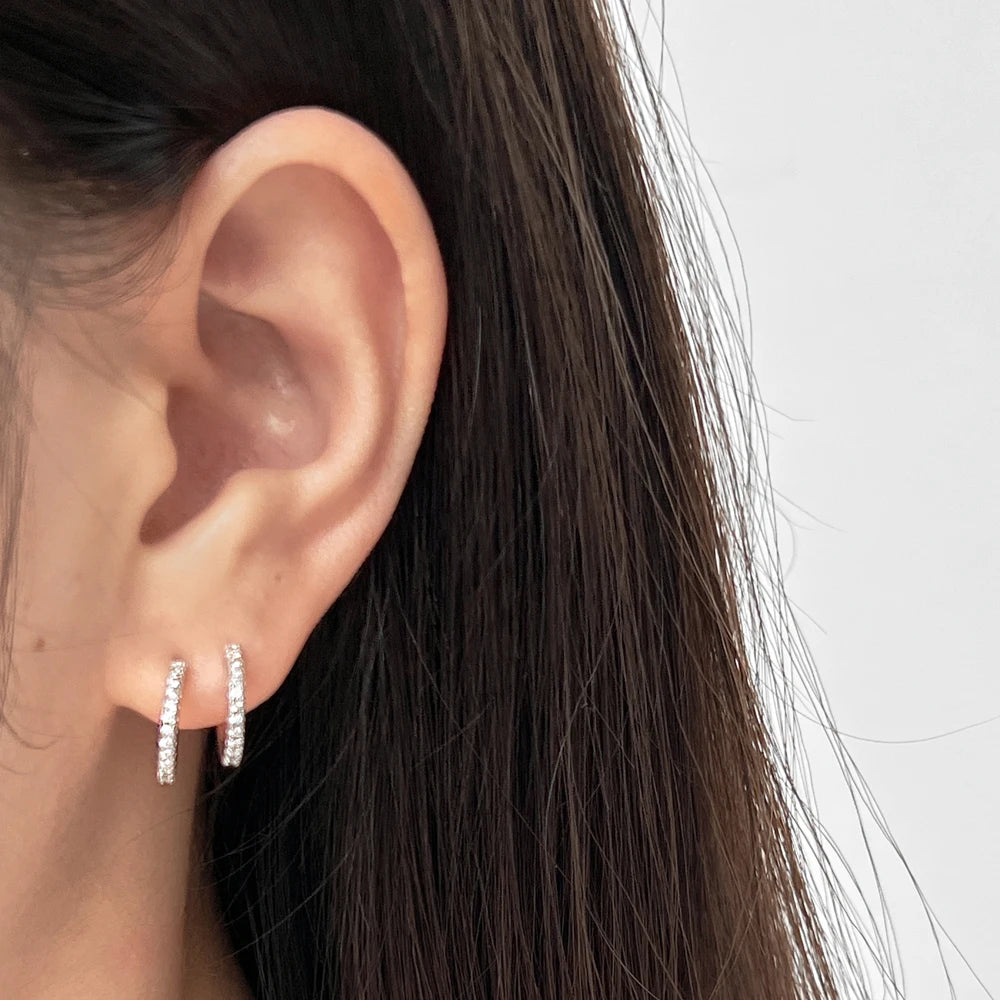 Silver Zircon Round Cut Double Layer Ear Hoops