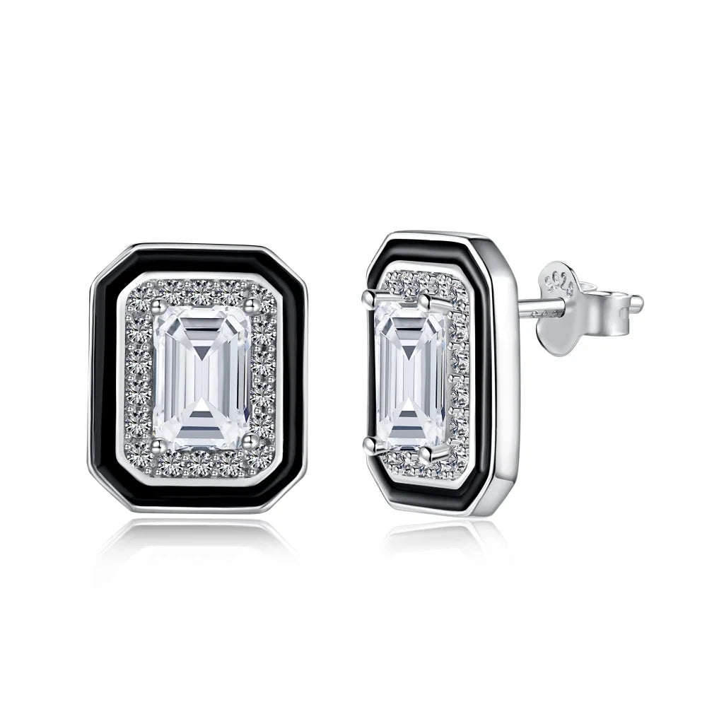 Silver Zircon Emerald Cut Halo Frame Ear Studs