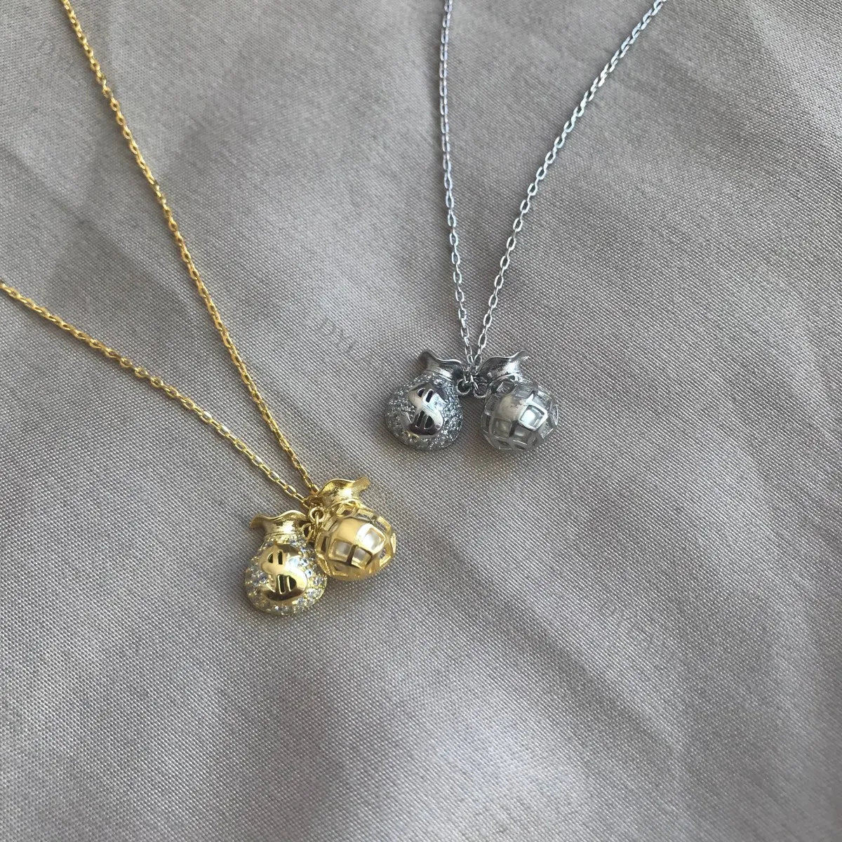 Silver Zircon Round Cut Money Bag Pendant Necklace