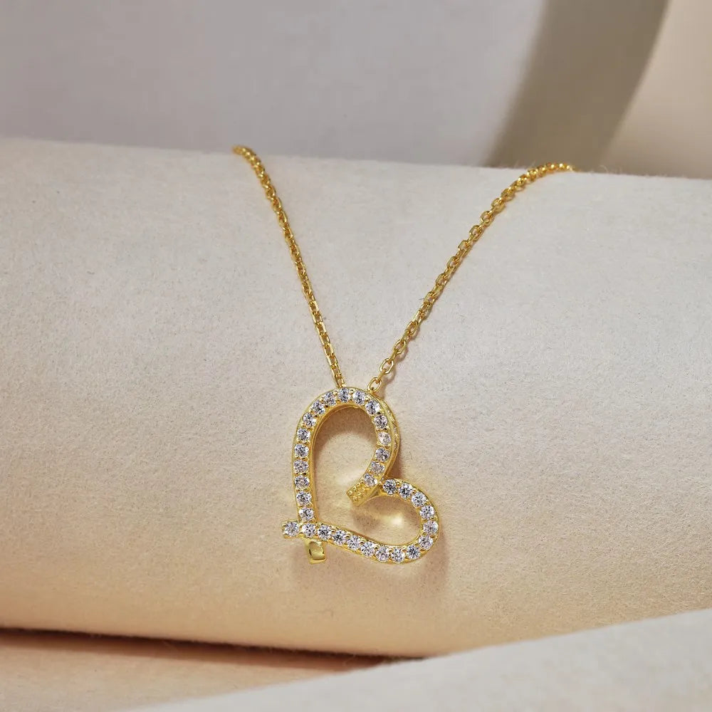 Silver Zircon Round Cut Inlaid Hollow Heart Pendant Necklace