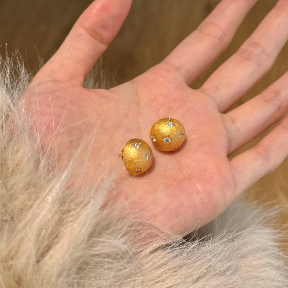 Silver Zircon Round Cut Brushed Inlaid Sphere Ear Studs