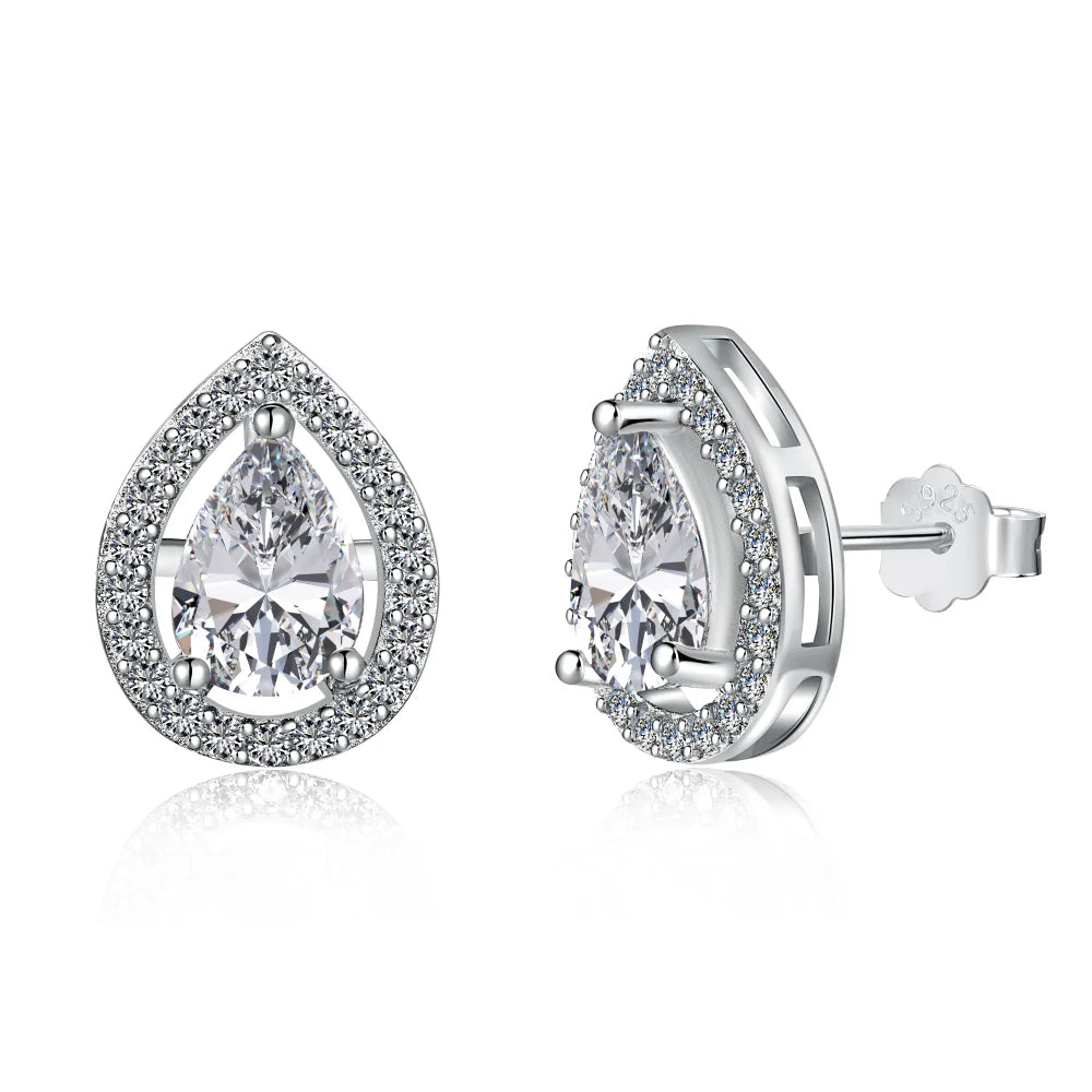 Silver Zircon Pear Cut Halo Multi Layer Tear Ear Studs