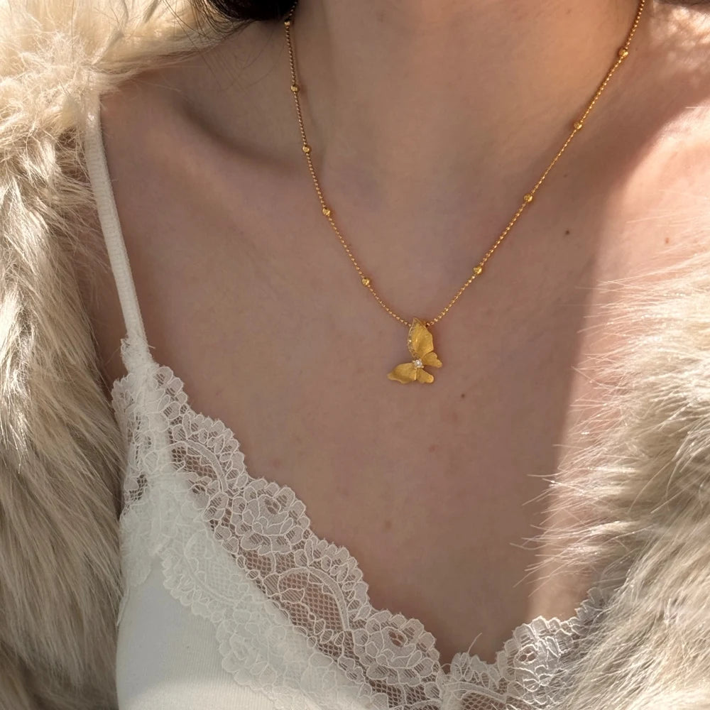 Silver Zircon Round Cut Butterfly Beaded Necklace