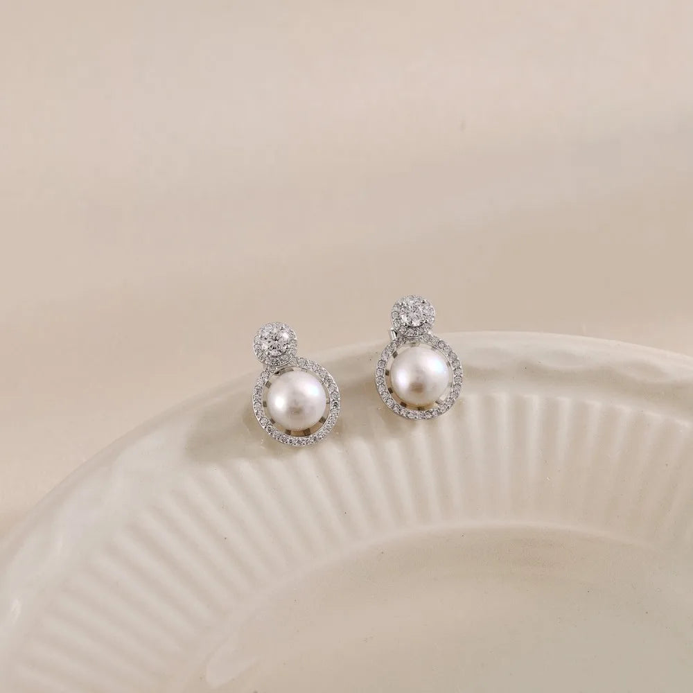 Silver Pearl Halo Ear Studs