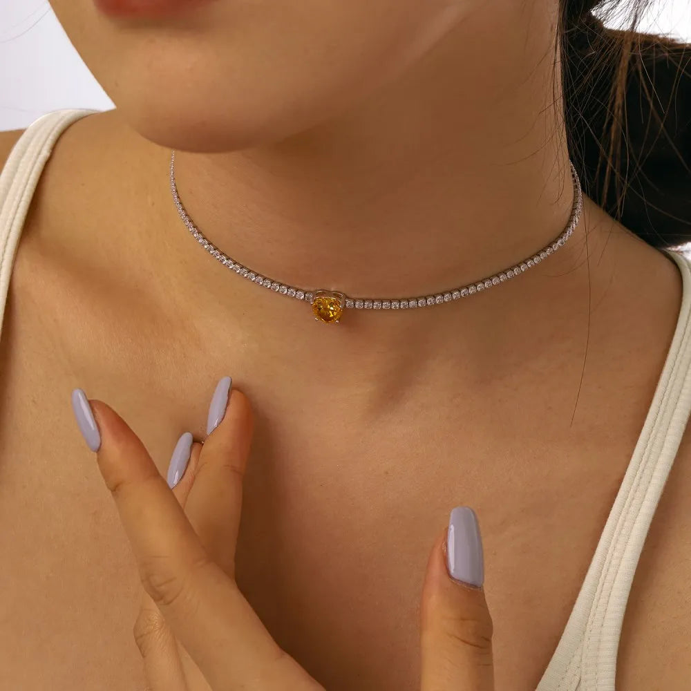 Silver Zircon Heart Cut Inlaid Layered Tennis Necklace