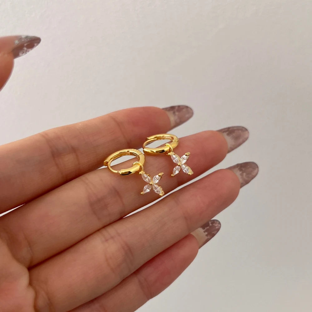 Silver Zircon Marquise Cut Flower Huggie Earrings