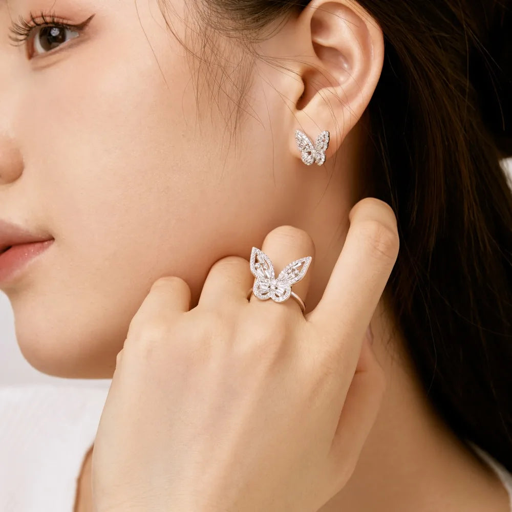Silver Zircon Tapered Baguette Cut Inlaid Butterfly Ear Studs