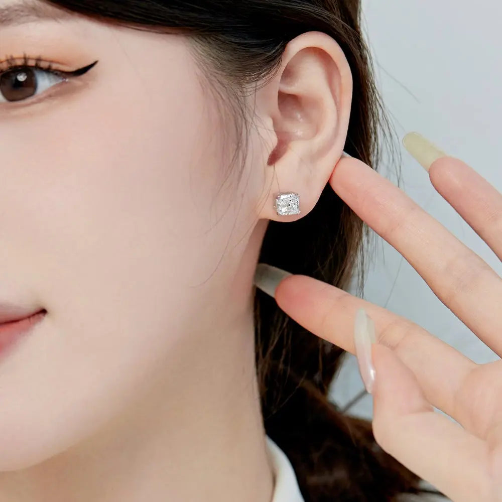 Silver Zircon Princess Cut Squared Ear Studs