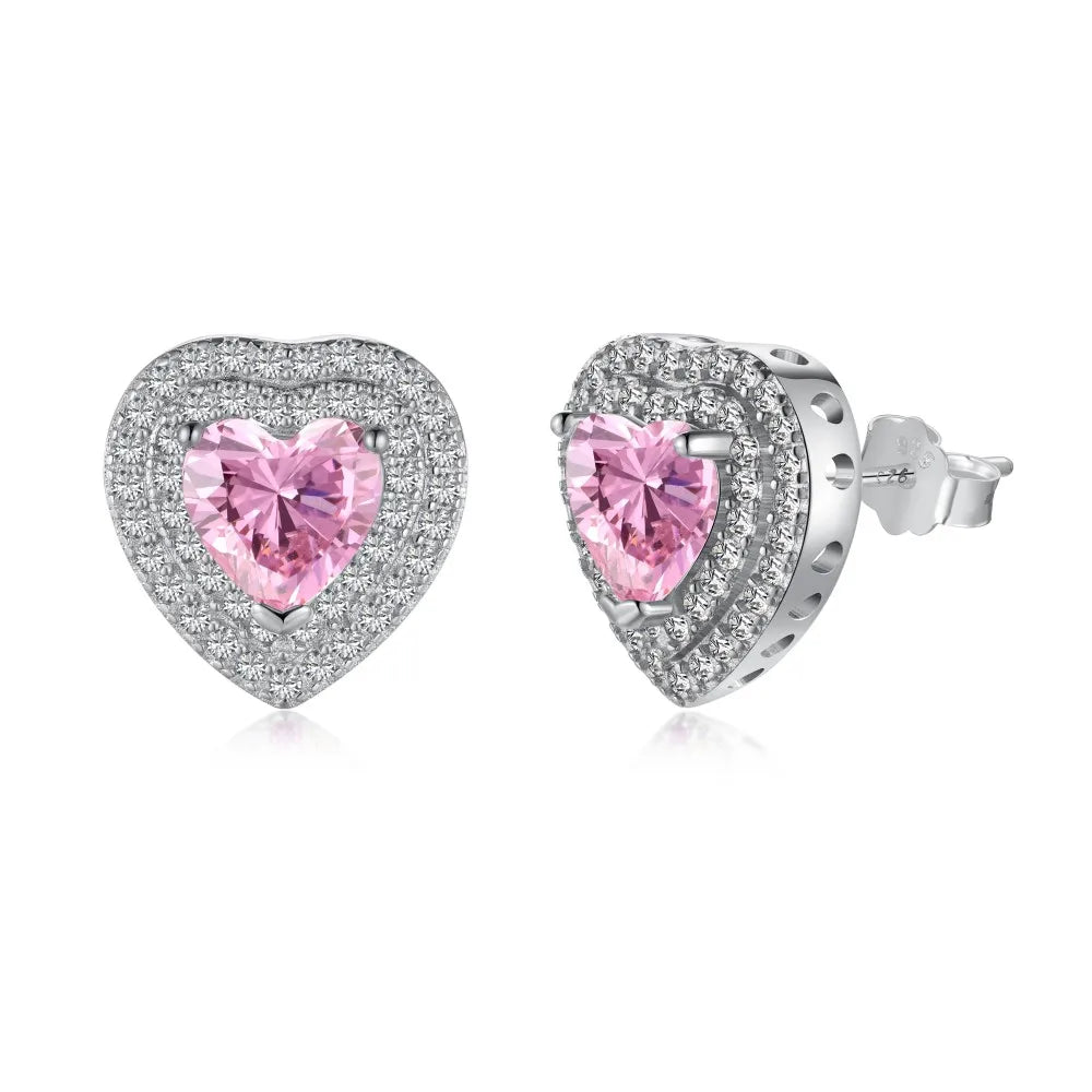 Silver Zircon Heart Cut Iced Inlaid Halo Ear Studs