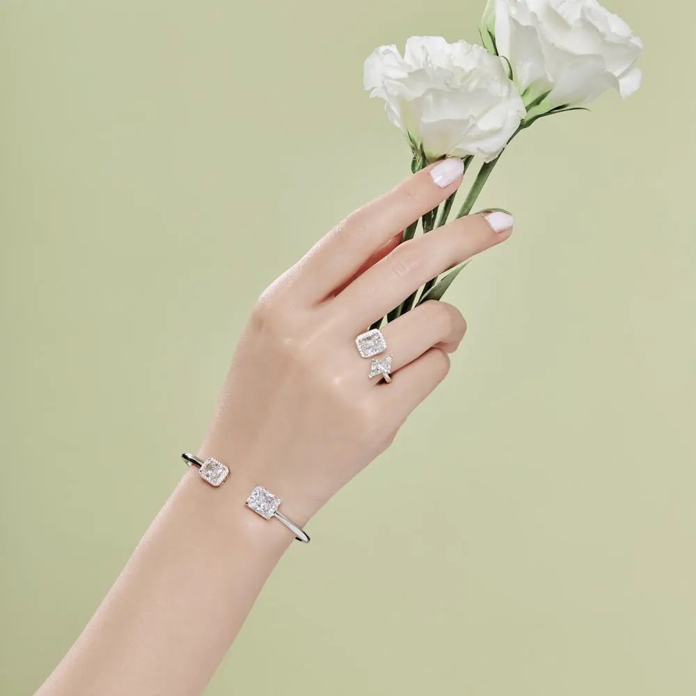 Silver Zircon Radiant Cut Open Bangle Bracelet