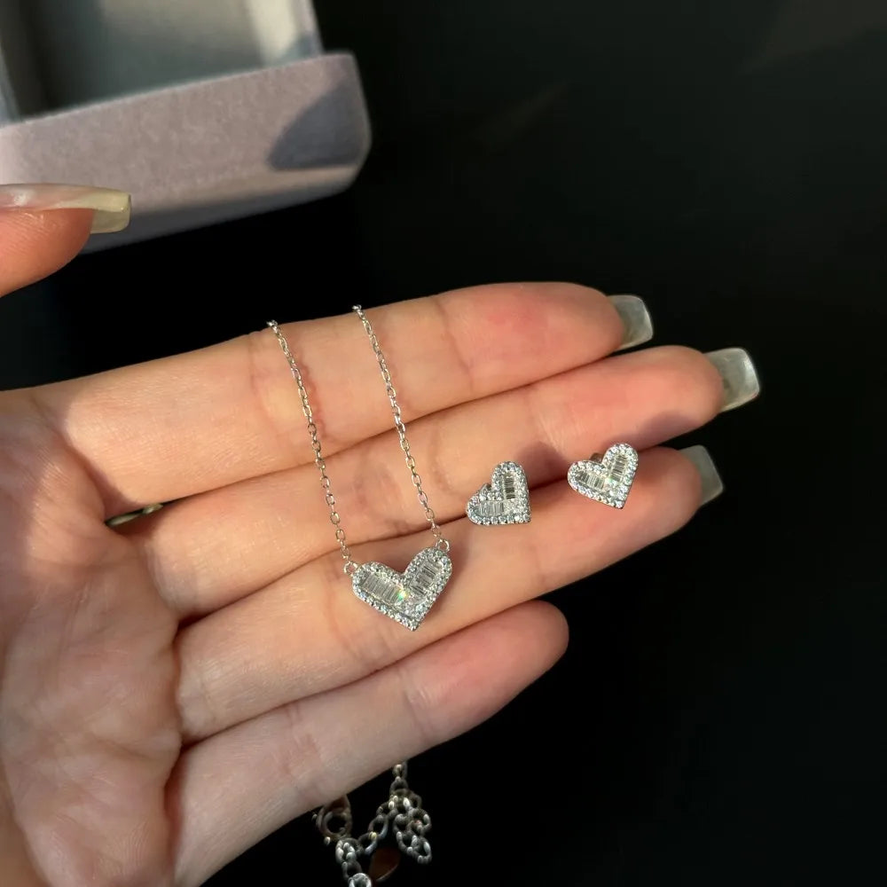 Silver Zircon Princess Cut Iced Halo Heart Pendant Necklace