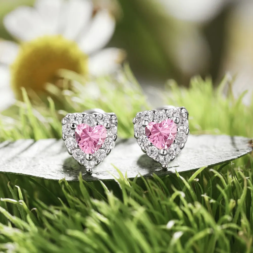 Silver Zircon Heart Cut Inlaid Halo Ear Studs