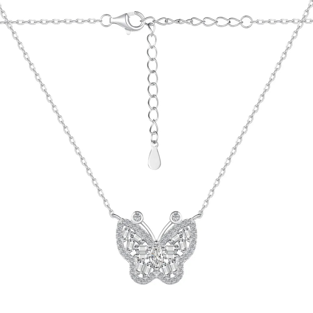 Silver Zircon Marquise Cut Iced Butterfly Pendant Necklace