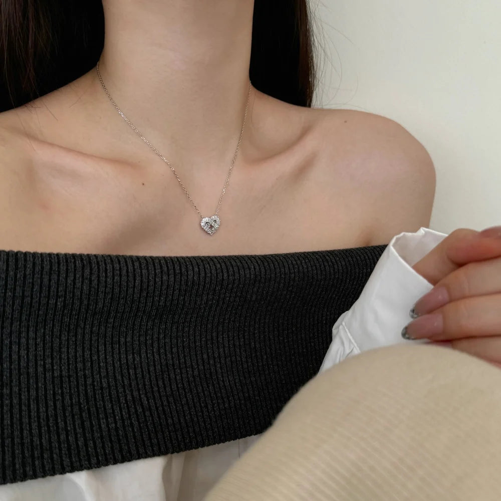 Silver Zircon Baguette Cut Iced Heart Pendant Necklace