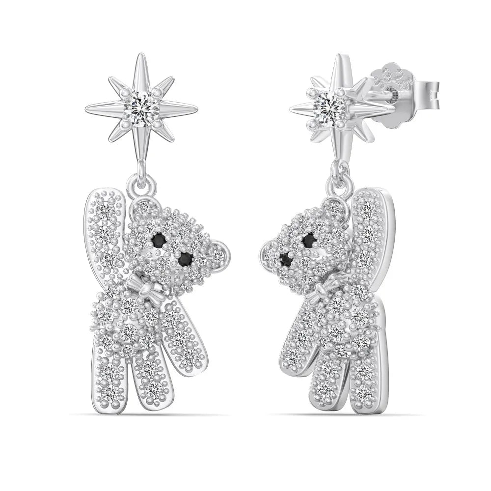Silver Zircon Round Cut Iced Bear Drop Earrings