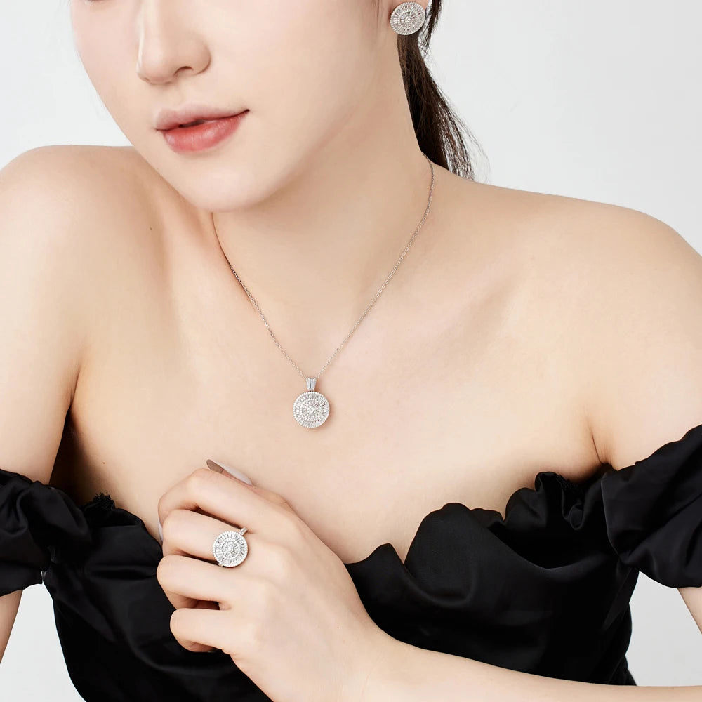 Silver Zircon Tapered Baguette Cut Halo Pendant Necklace