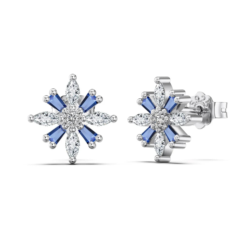 Silver Zircon Tapered Baguette Cut Snowflake Ear Studs