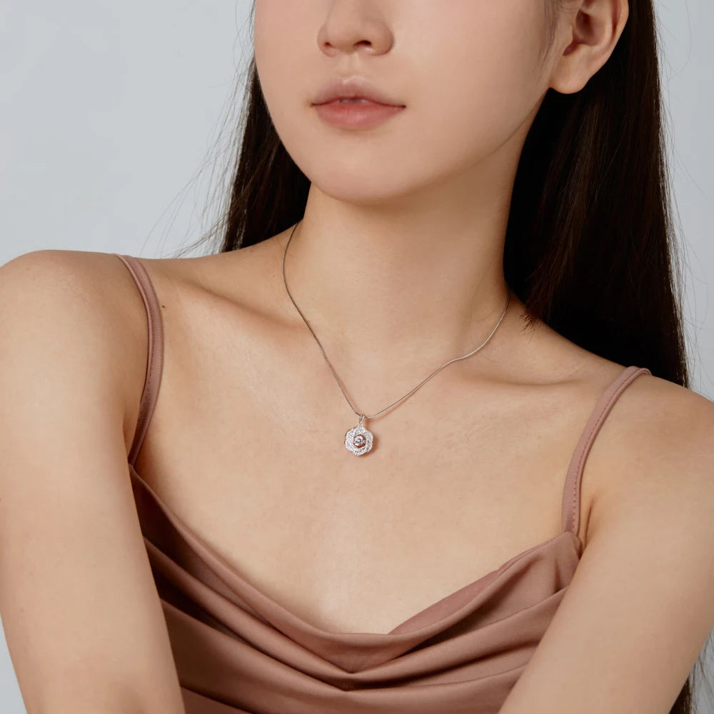 Silver Zircon Round Cut Halo Flower Pendant Necklace