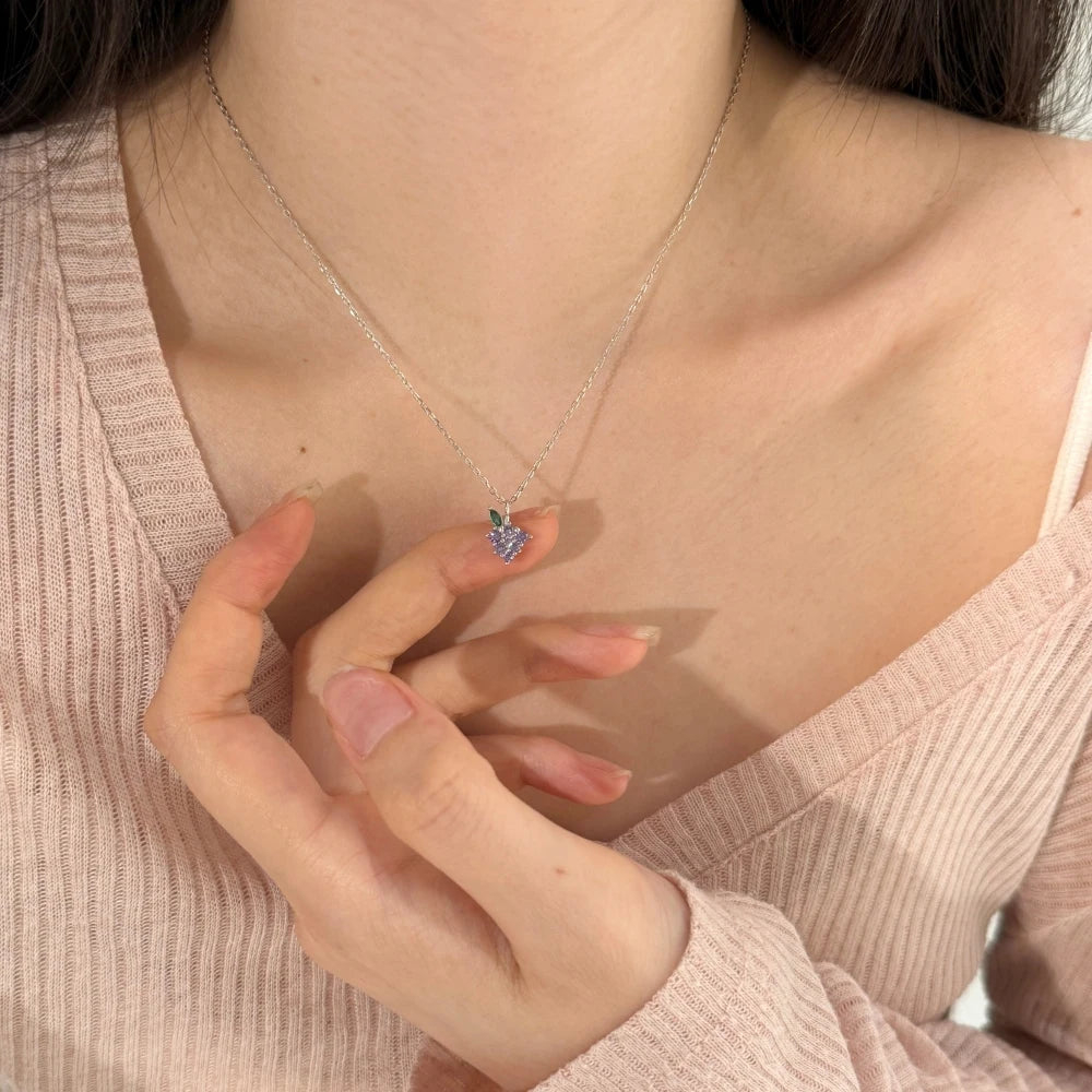 Silver Zircon Round Cut Grape Pendant Necklace