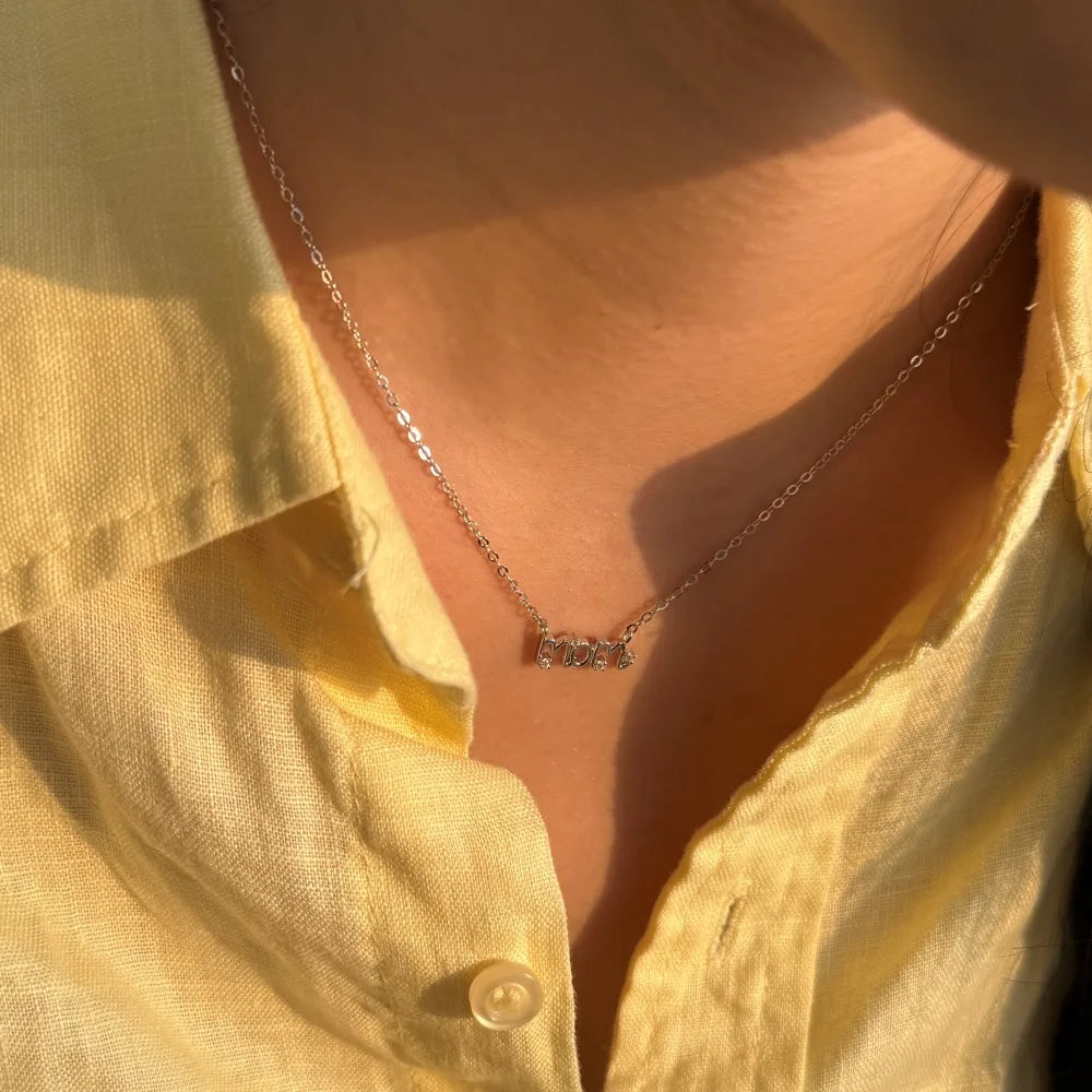 Silver Zircon Round Cut Mom Big Bar Necklace