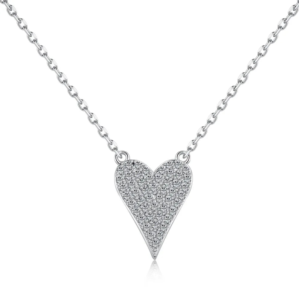 Silver Zircon Round Cut Small Iced Heart Pendant Necklace