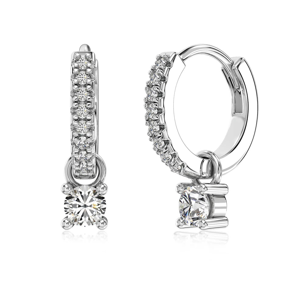 Silver Zircon Round Cut Drop Ear Hoops