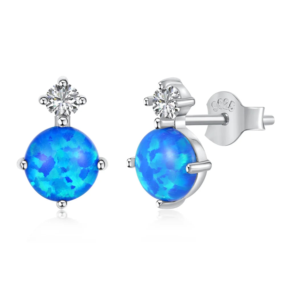 Silver Opal Round Cut Simple Ear Studs