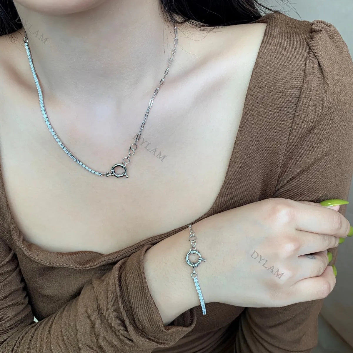 Silver Zircon Round Cut Chain Ring Link Tennis Necklace