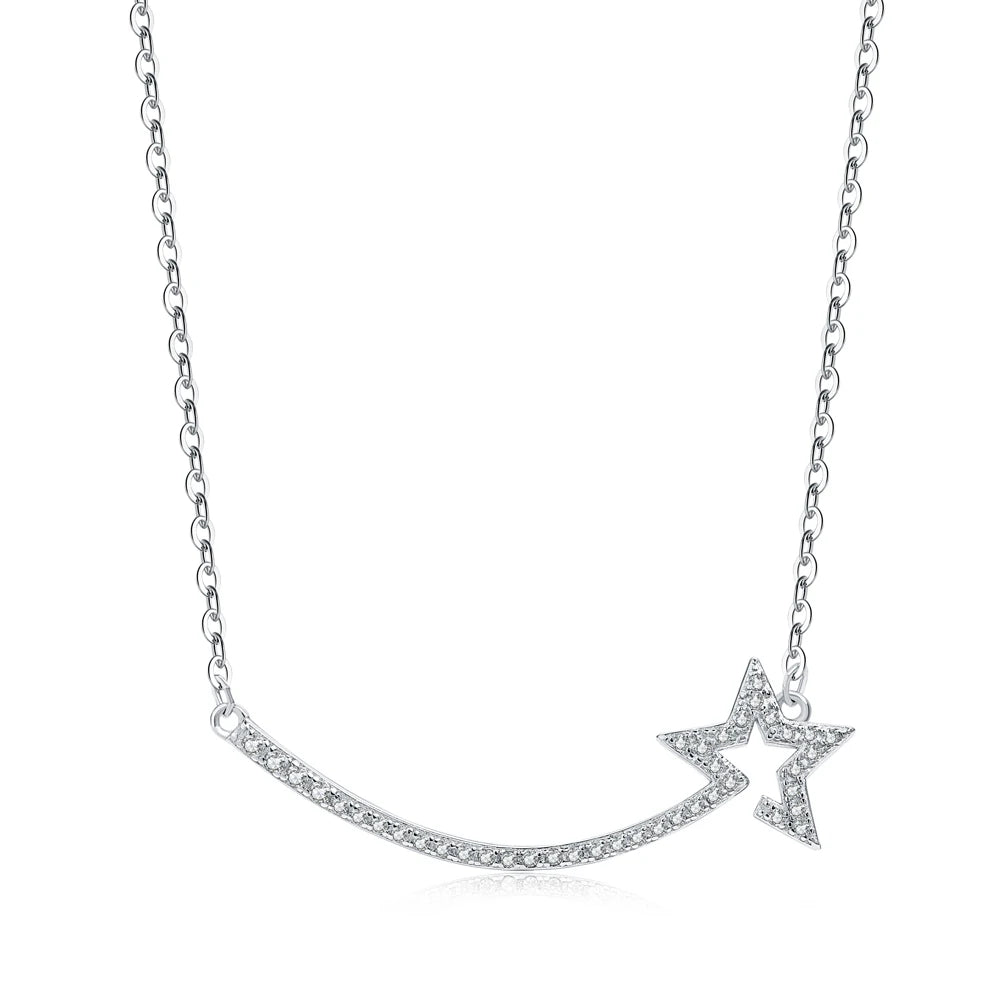 Silver Zircon Round Cut Star Bar Necklace