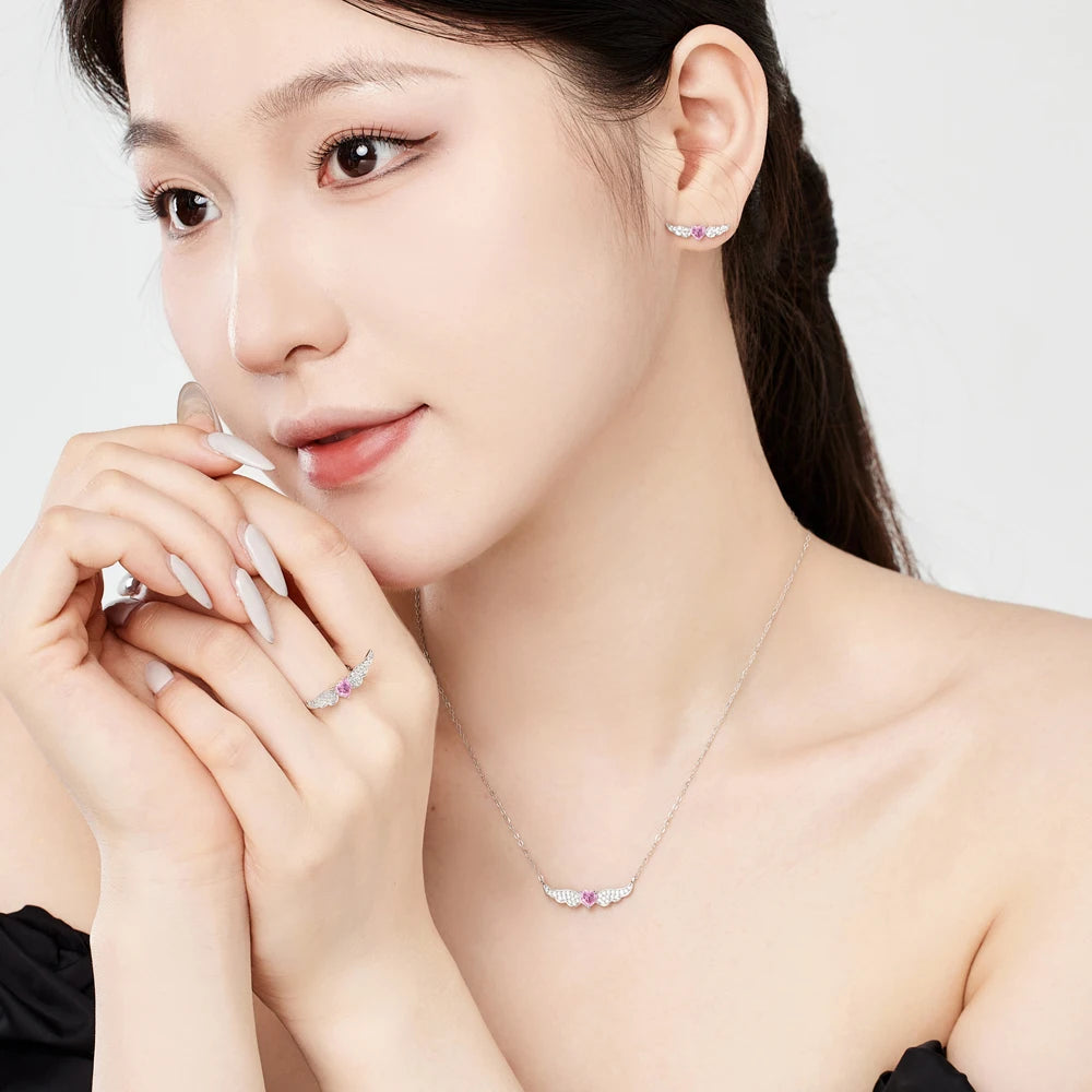 Silver Zircon Heart Cut Wings Bar Necklace