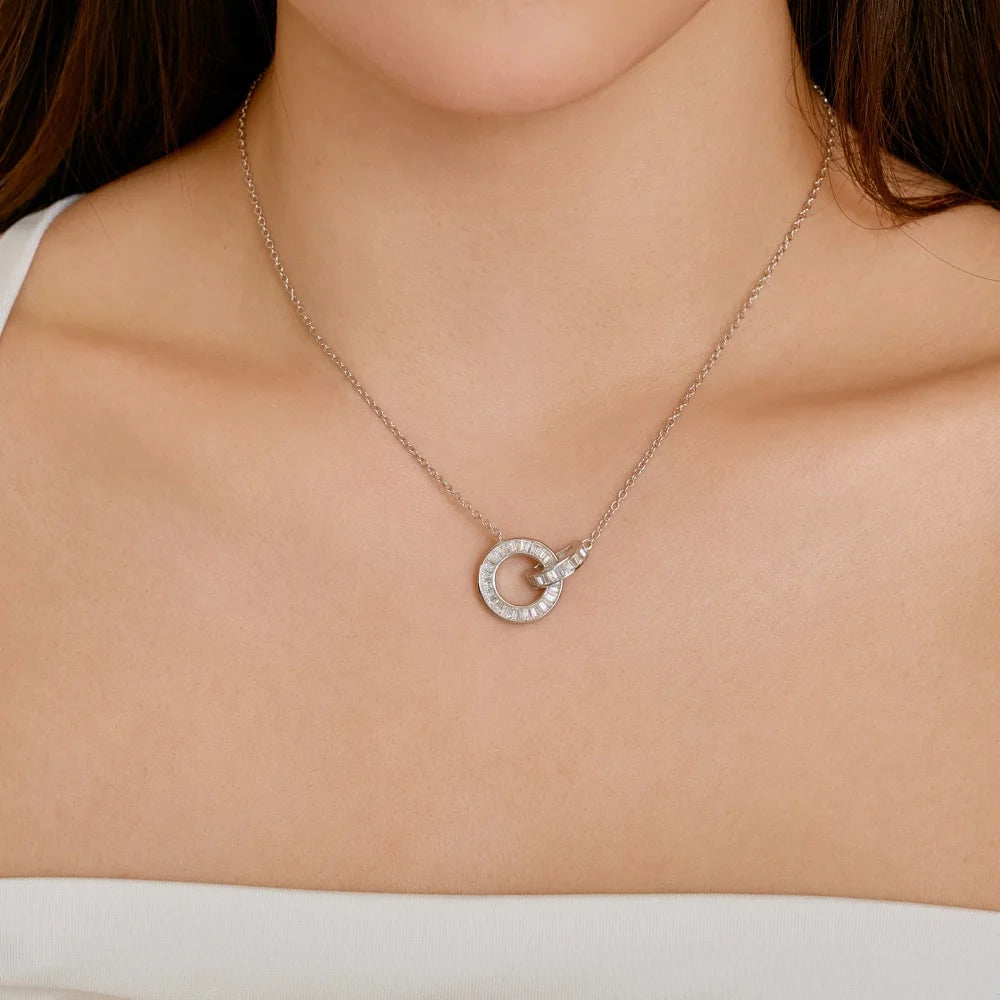 Silver Zircon Tapered Baguette Cut Interlocking Ring Pendant Necklace
