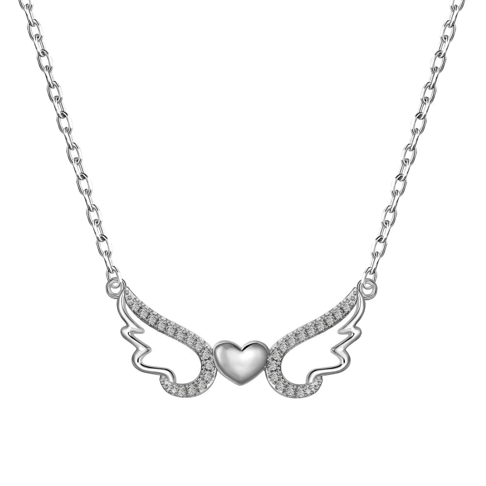 Silver Zircon Round Cut Inlaid Heart Wings Bar Necklace