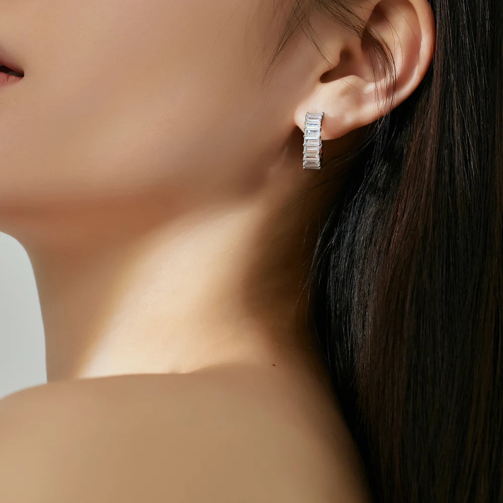 Silver Zircon Emerald Cut Hook Inlaid Ear Hoops