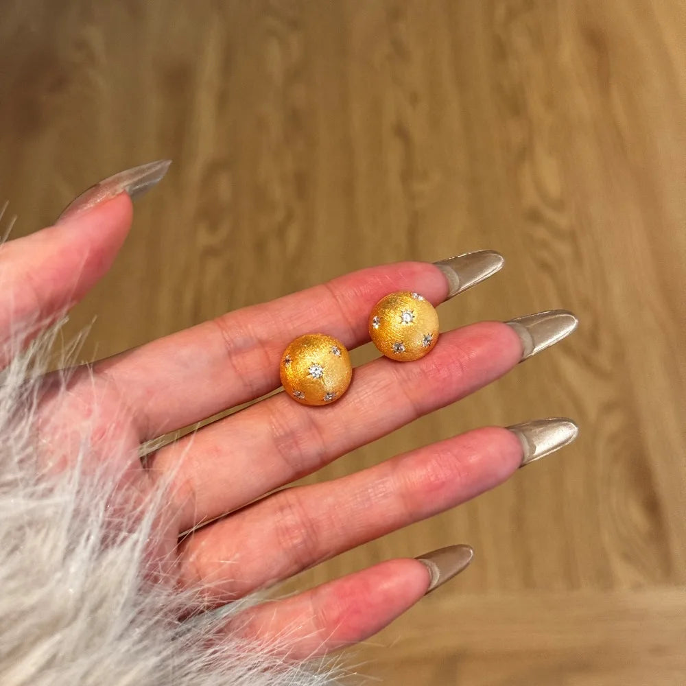 Silver Zircon Round Cut Brushed Inlaid Sphere Ear Studs