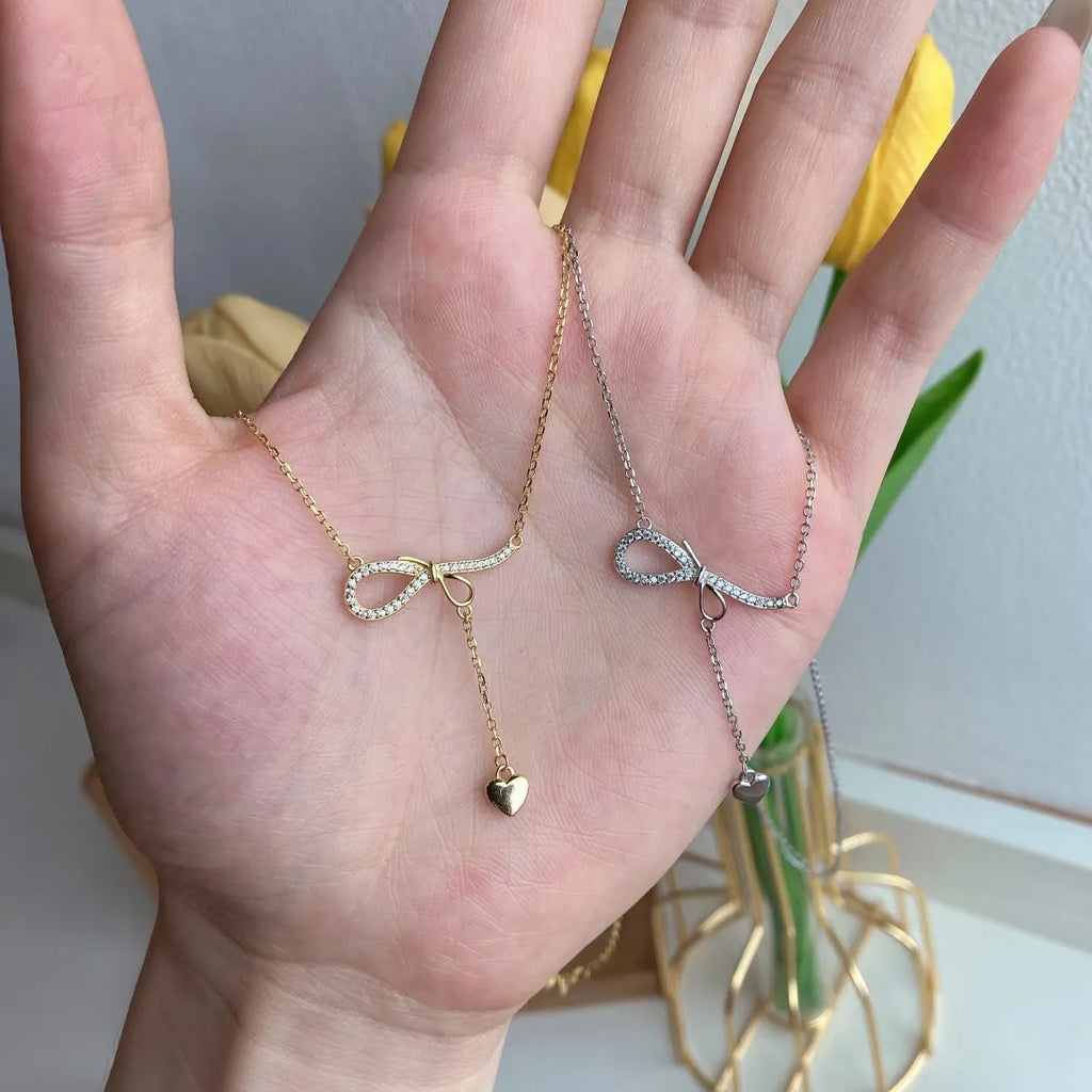 Silver Zircon Round Cut Bow Heart Pendant Necklace