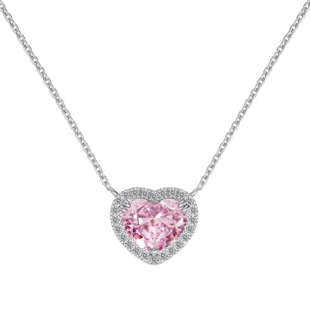 Silver Zircon Heart Cut Inlaid Halo Pendant Necklace