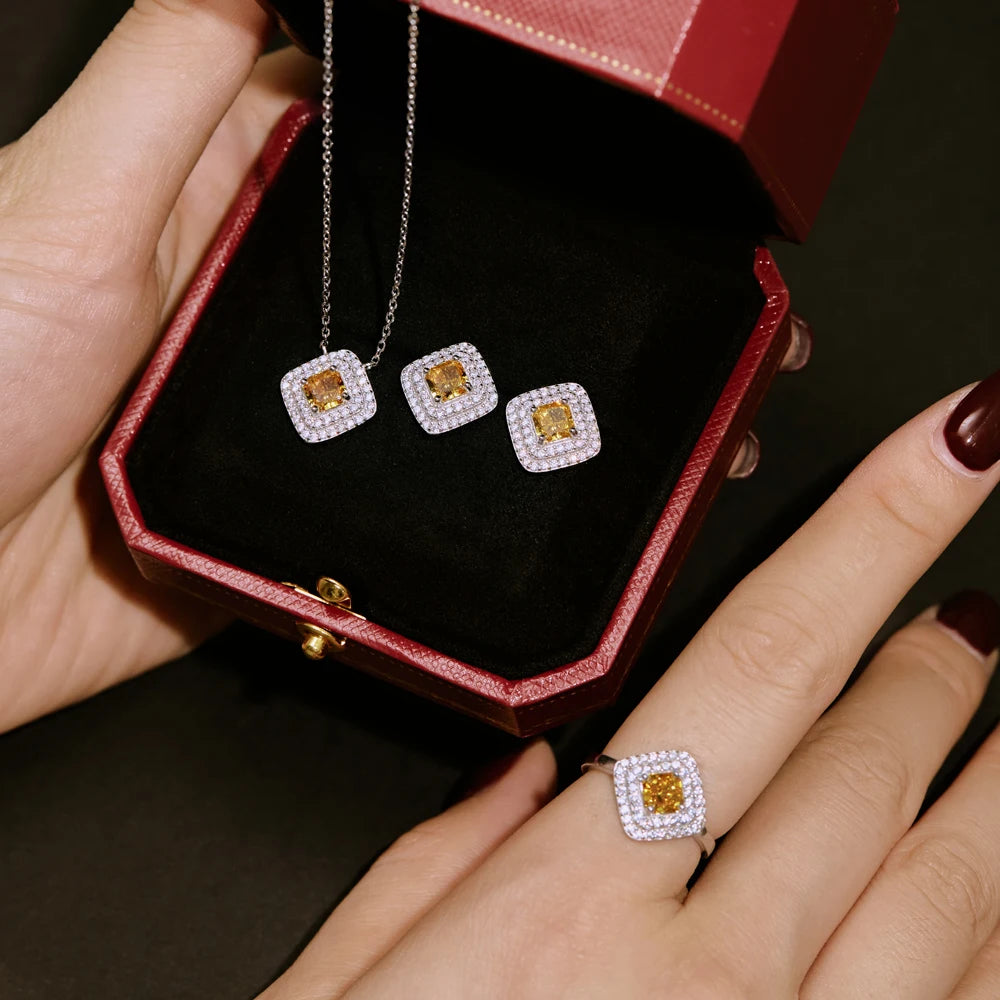 Silver Zircon Princess Cut Halo Pillow Ear Studs