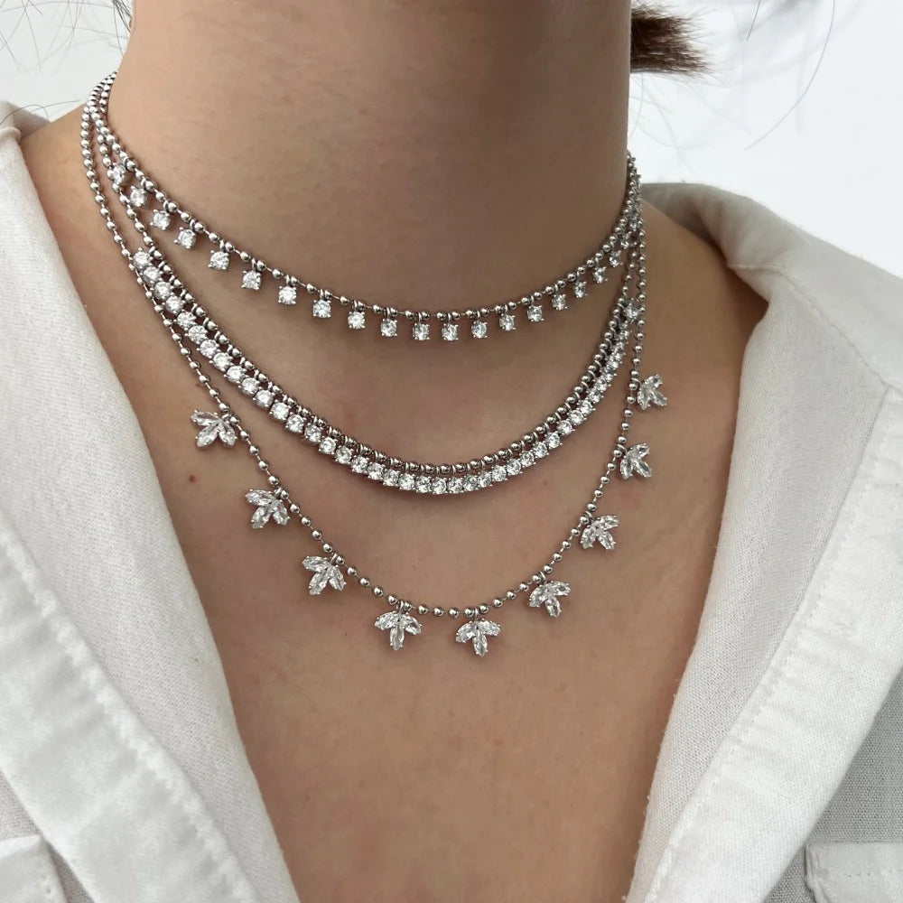 Silver Zircon Round Cut Layered Tassel Chain Necklace