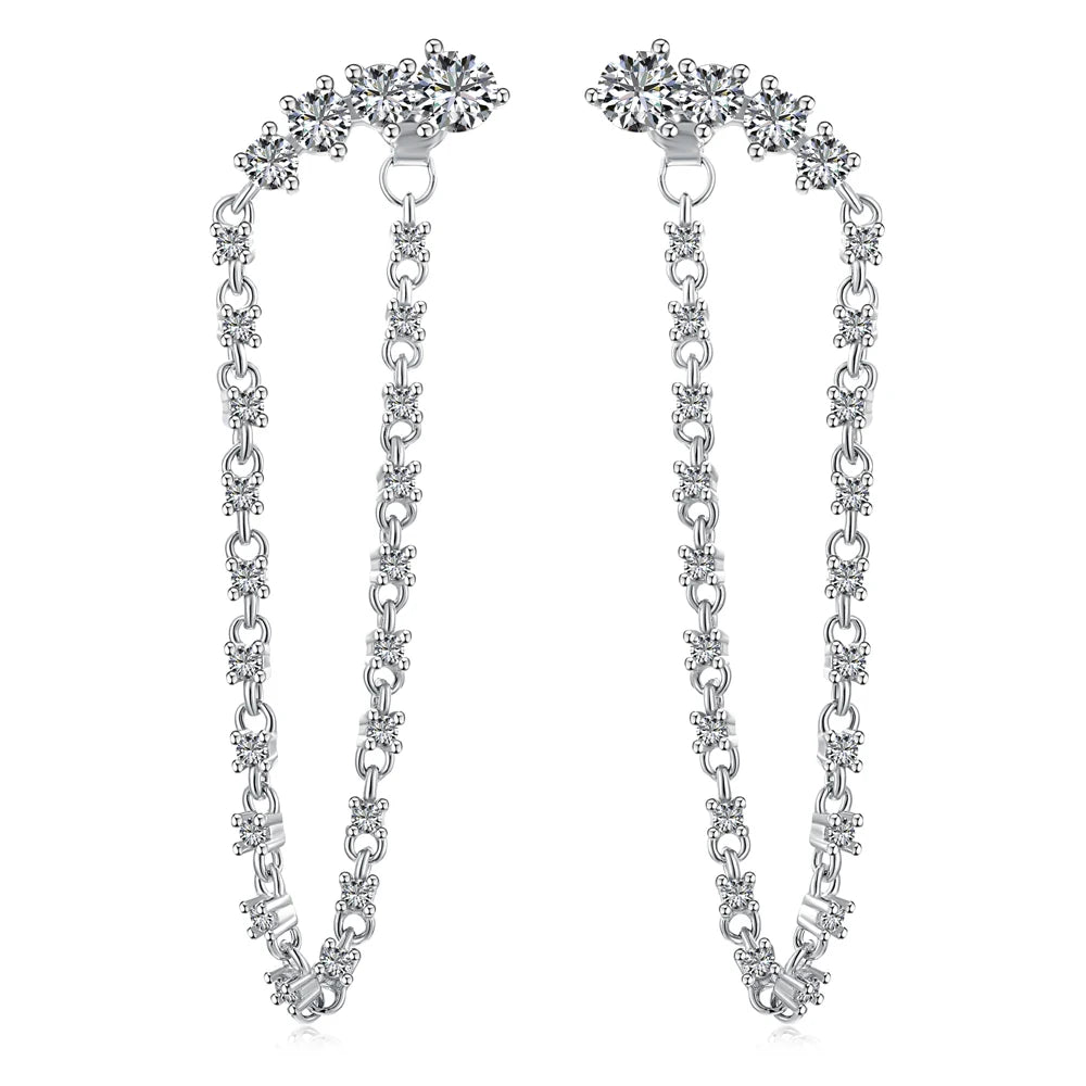 Silver Zircon Round Cut Dangle Tassel Drop Earrings