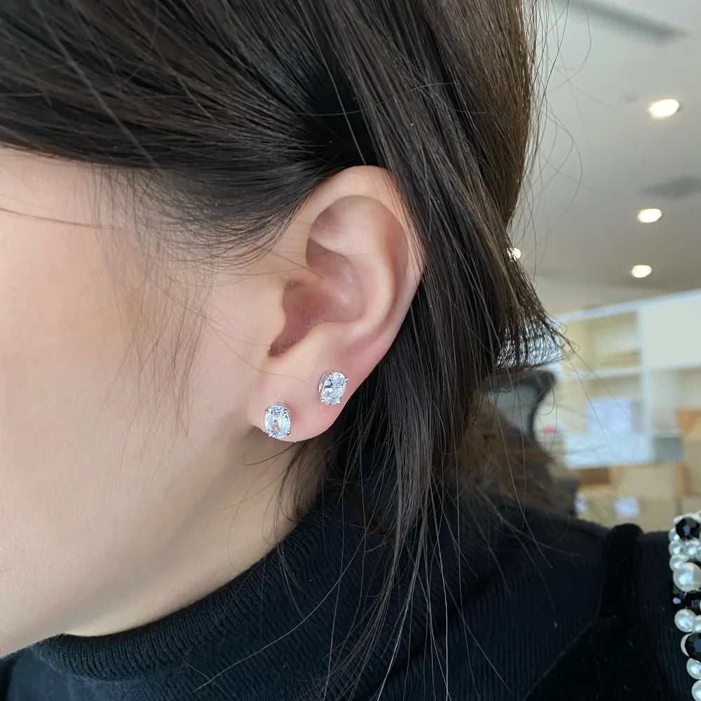 Silver Zircon Oval Cut Simple Ear Studs