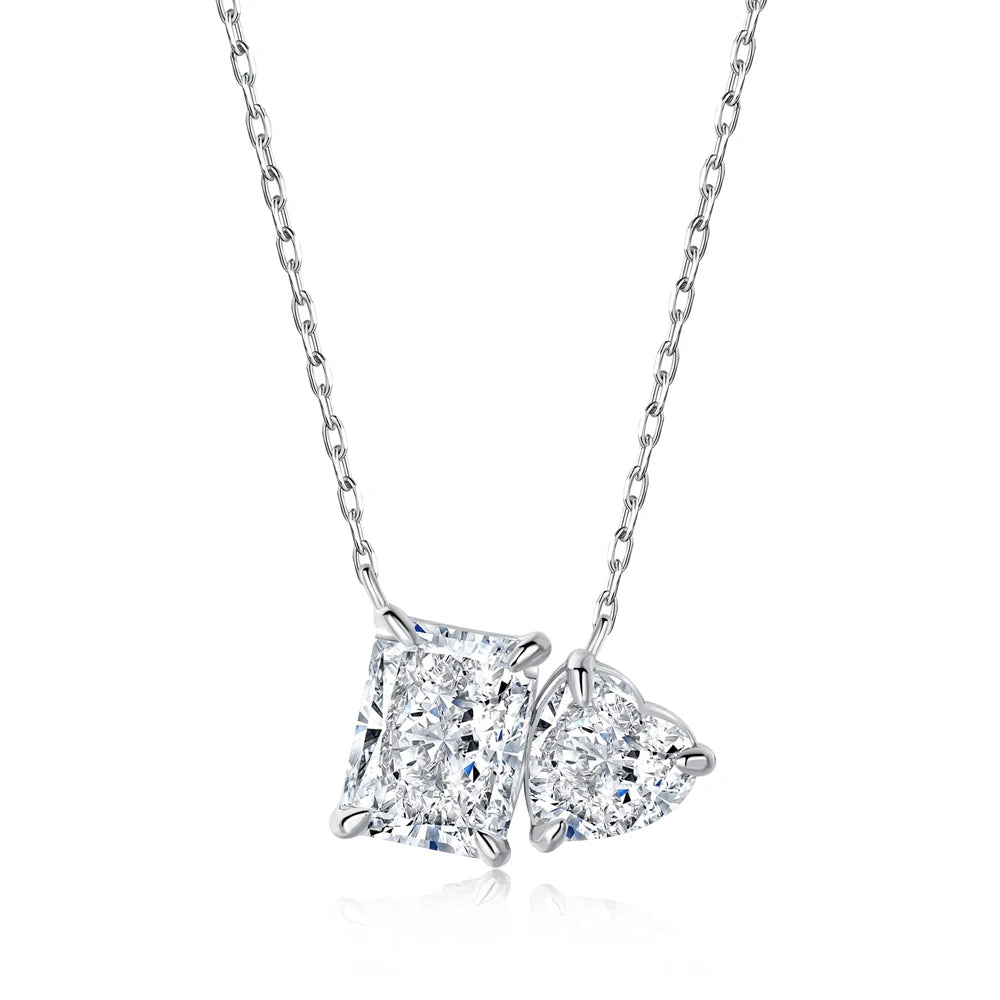 Silver Zircon Radiant Cut Toi Et Moi Pendant Necklace