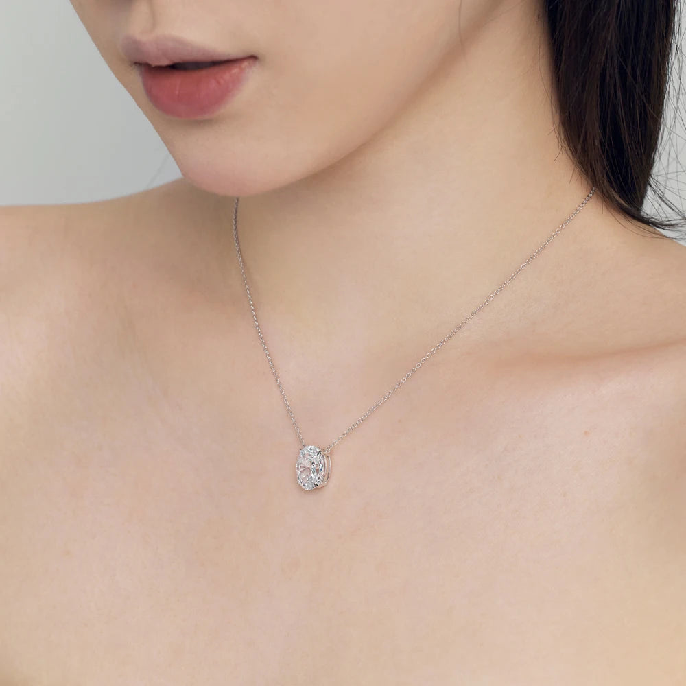 Silver Zircon Oval Cut Big Single Pendant Necklace