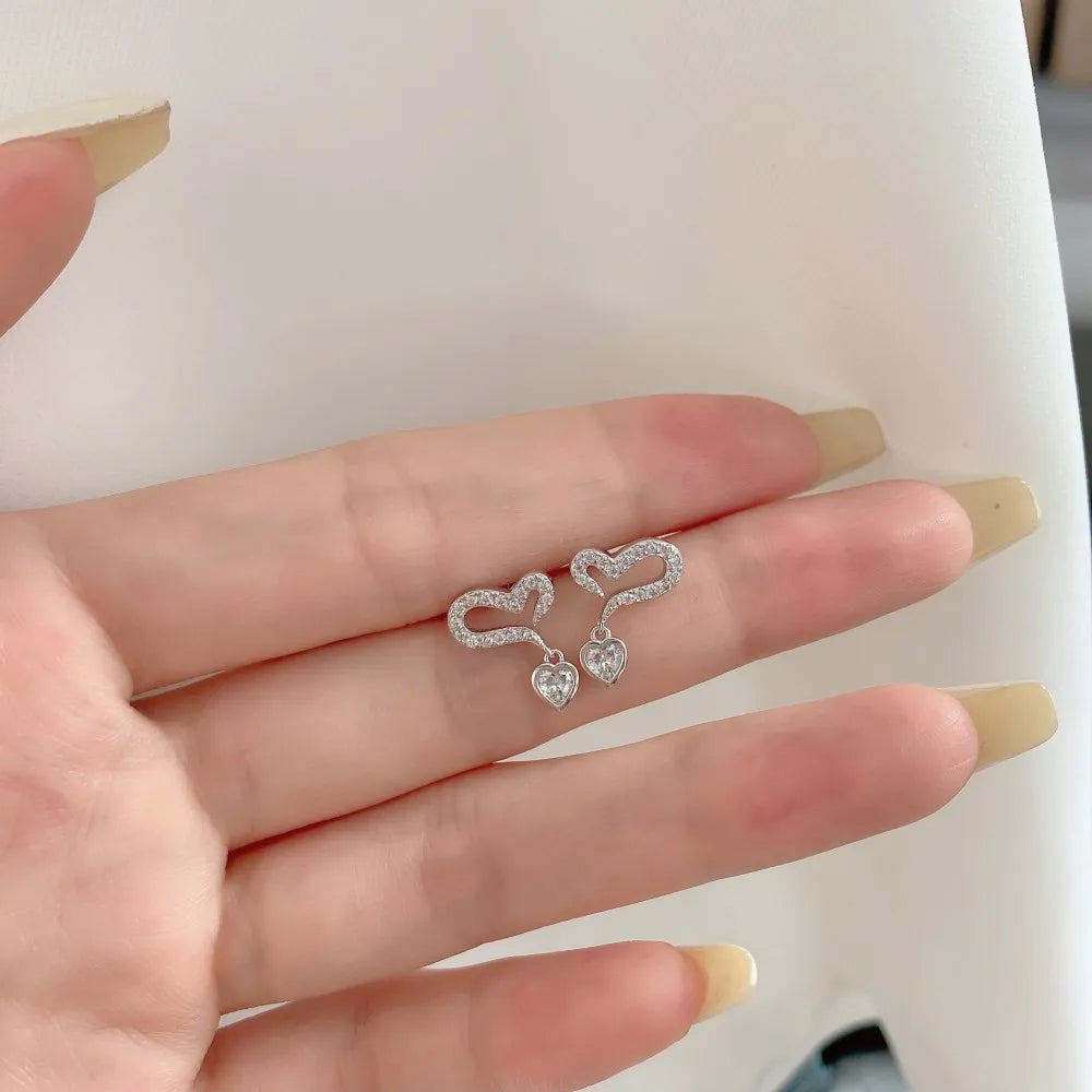 Silver Zircon Heart Cut Inner Inlaid Drop Earrings