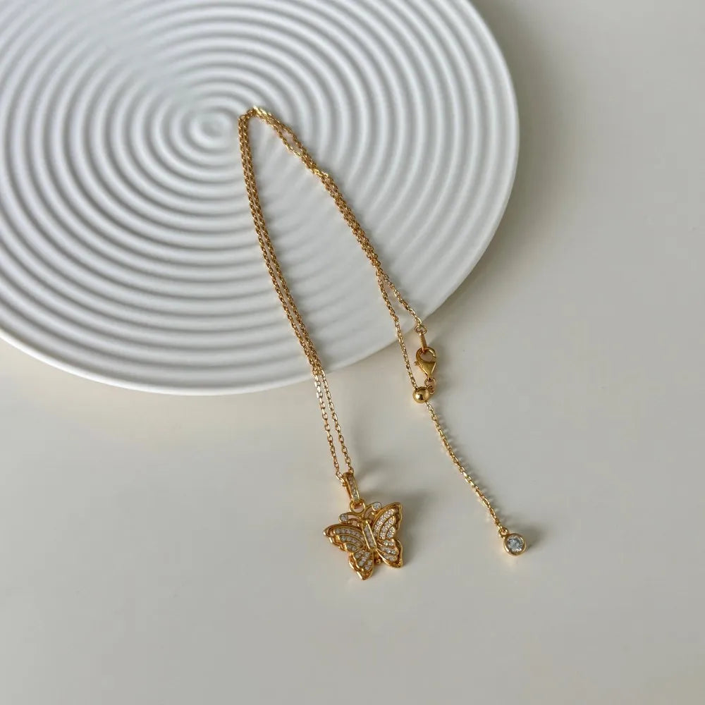 Silver Zircon Round Cut Iced Butterfly Pendant Necklace