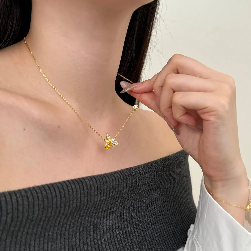 Silver Zircon Oval Cut Bee Pendant Necklace