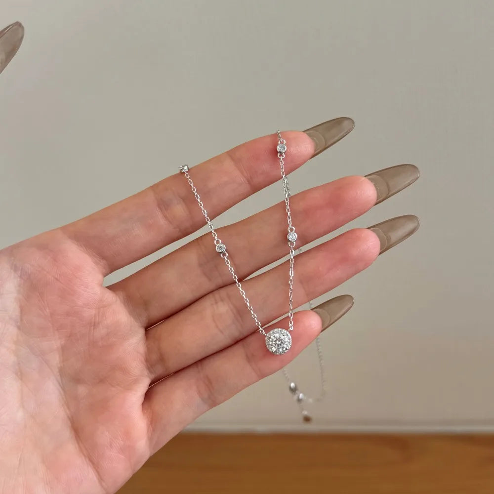 Silver Zircon Round Cut Halo Dots Pendant Necklace