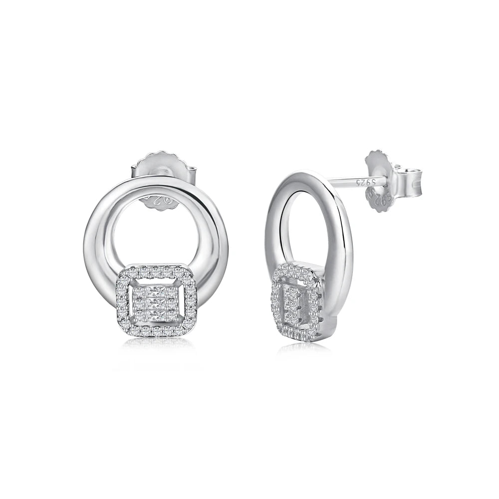 Silver Zircon Baguette Cut Hollow Disc Ear Studs