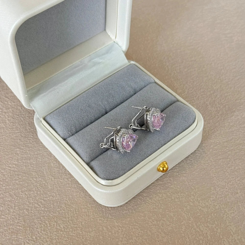 Silver Zircon Heart Cut Hook Inlaid Halo Ear Studs
