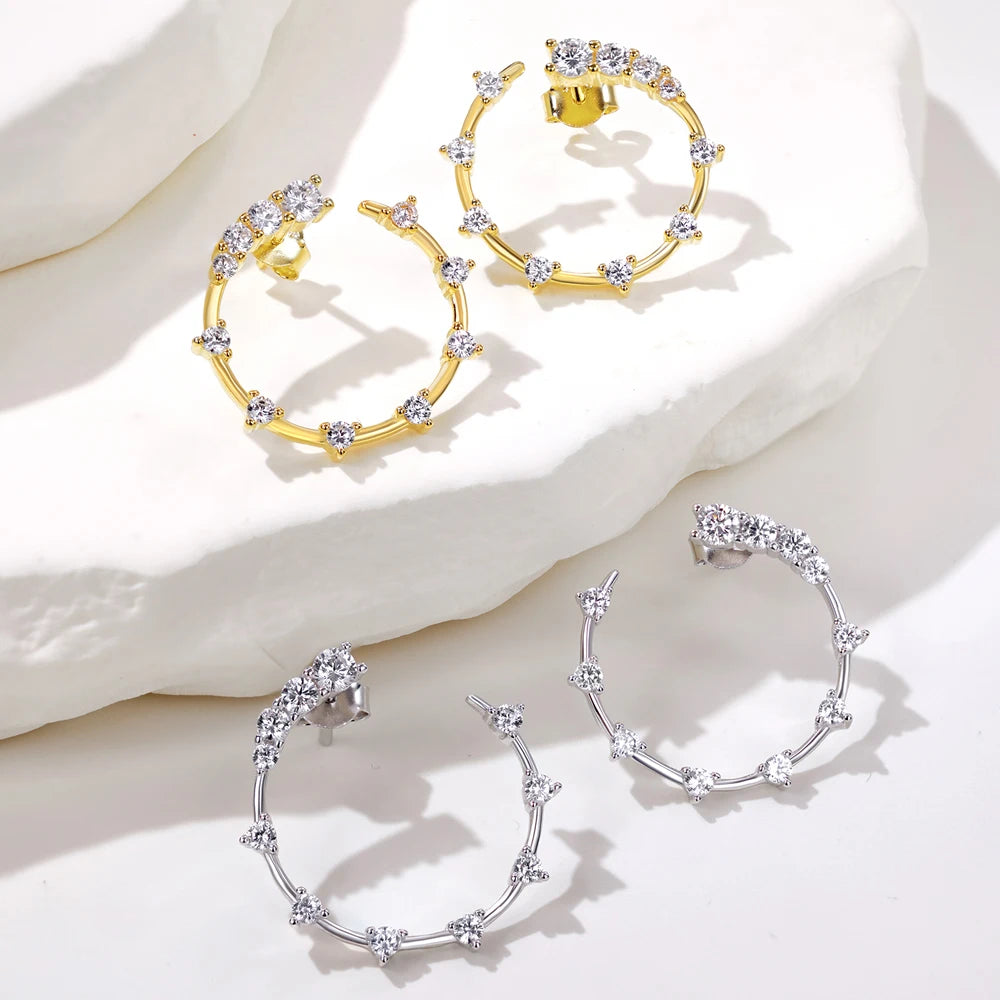 Silver Zircon Round Cut Inlaid Spiky Ear Studs